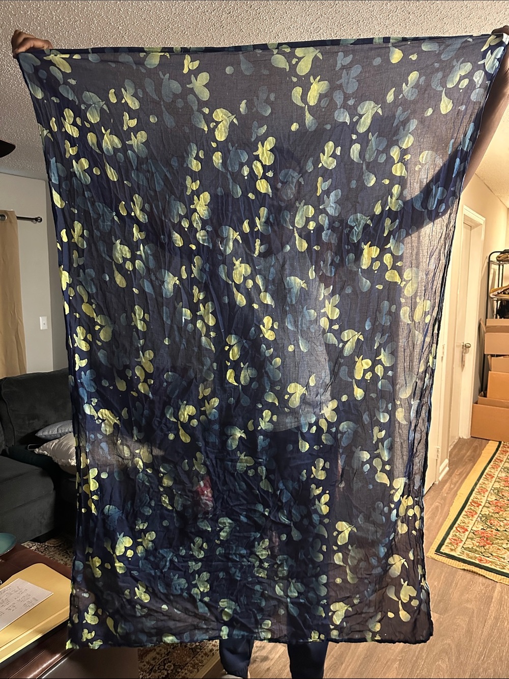 Batek-lah Malaysia Navy Blue handmade genuine Batik Sheer Leaf Print Scarf